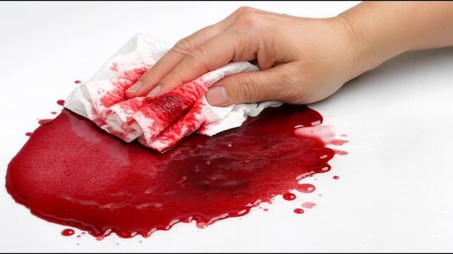 A person is cleaning a piece of paper with bloodstains