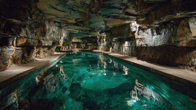 Cinematic Underground Cave Pool with Glowing Reflections