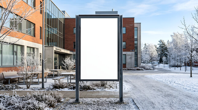 Blank vertical poster billboard mockup on snowy university campus in winter