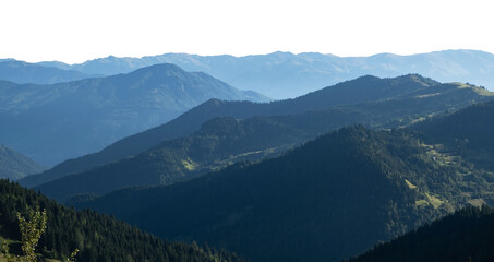 Obraz premium Panoramic Blue Mountain Peaks with Forest Slopes Cutout isolated on transparent background. PNG file.