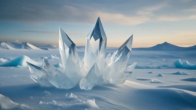 Giant Ice Crystal Formation in Snowy Arctic Landscape