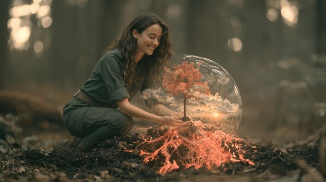 Smiling Female Park Ranger Kneeling in Real Forest