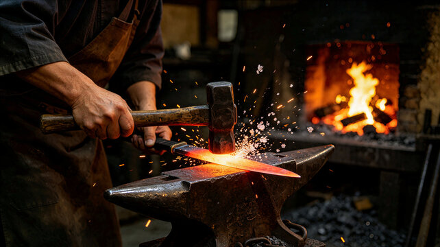 Blacksmith Forging Glowing Metal Blade With Hammer On An Anvil