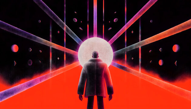 Person standing before glowing radiant moon sphere. Futuristic portal and visionary path concept. Silhouette in coat walking toward cosmic beam gateway