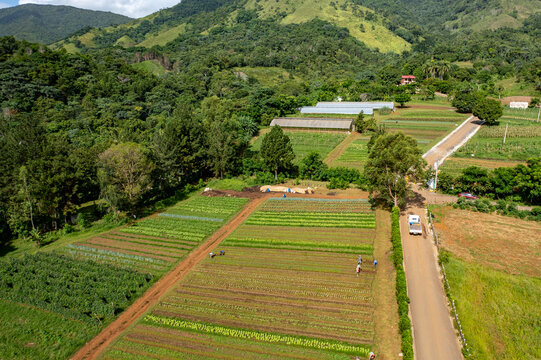 Aerial view of agricultural fields and greenhouses with lush green hills in the background and a road running alongside the crops in Villa Altagracia, San Cristobal Province, Dominican Republic.