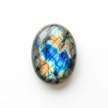 Natural iridescent labradorite gemstone with blue and orange flash, isolated on a white background. Close-up photo showing labradorescence, gem, geology, display
