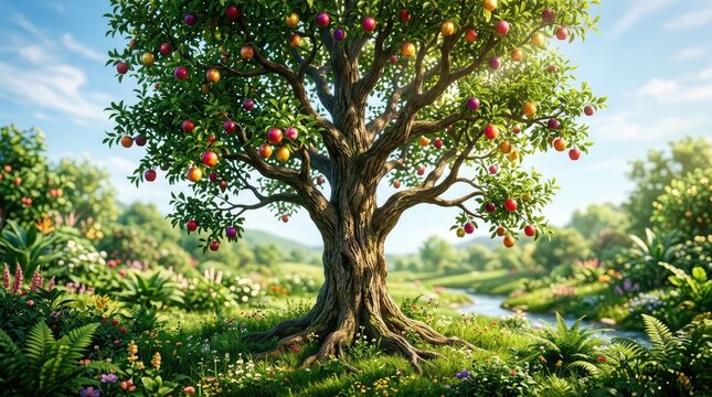 The majestic Tree of Knowledge of Good and Evil stands central in the pristine, sun-dappled Garden of Eden, bearing vibrant, tempting fruit, garden, serenity, scripture