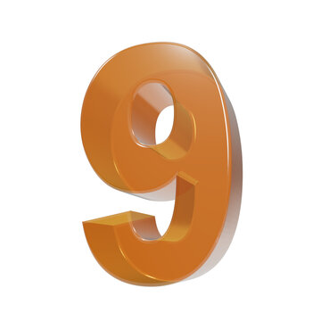 Shiny glossy orange 3d number nine digit symbol isolated on black background, for typography projects isolated on a transparent background