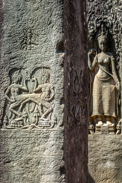 Close up of an Apsara dancers stone carving in Bayon temple in Angkor, Siem Reap, Cambodia