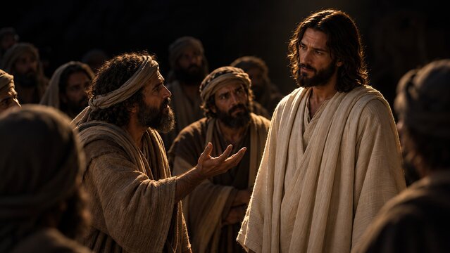 Jesus talking with crowd of men in ancient robes. People asking questions to Christ in biblical scene at dusk. Gospel story of bread of life and faith for religious illustration.
