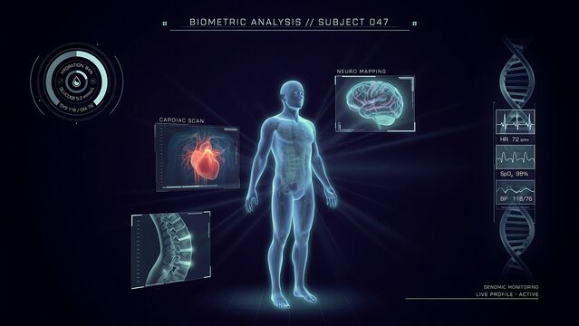 Biometric full-body scan analysis with medical imaging displays