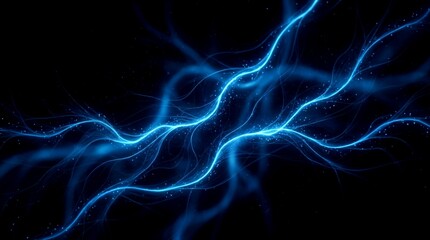 Fototapeta premium Abstract background with glowing blue energy waves and light particles flowing against a dark backdrop