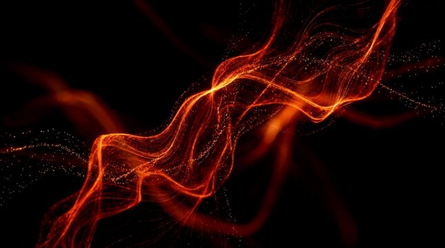 Abstract flowing orange particles forming a wave motion on a black background