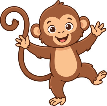 Cute cartoon monkey waving happily vector illustration isolated on white background