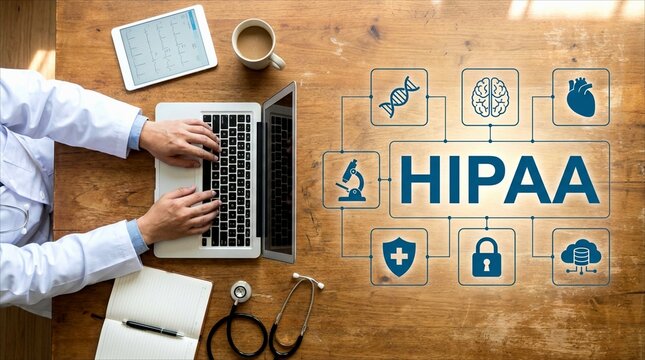 Doctor working on a laptop at a wooden desk with medical icons representing hipaa compliance and data security