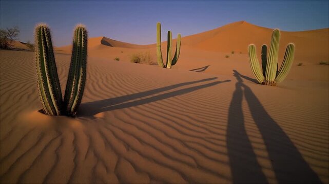 Desert Landscape with Cacti and Sand Dunes at Sunset