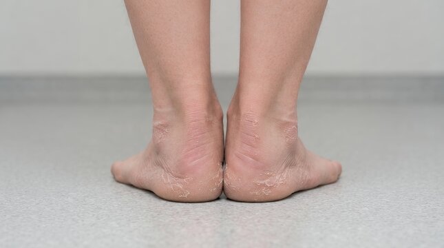 Dry cracked heels on female feet, rear view of calloused skin and foot dehydration, podiatry and dermatological skin care concept