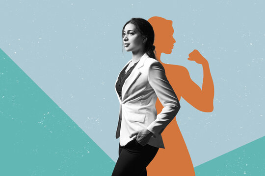 A confident, strong woman alongside a silhouette that exudes strength. Successful in business, living out her vision.