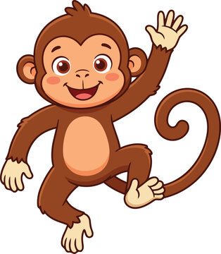 Cute cartoon monkey waving hand, vector illustration of a happy little brown chimpanzee smiling
