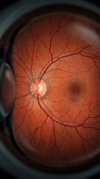 Eye retina fundus view showing optic disc, the macula area, ocular blood vessel network, human anatomical structure, medical diagnostic ophthalmoscopy examination detail, clinical wellness aspect.