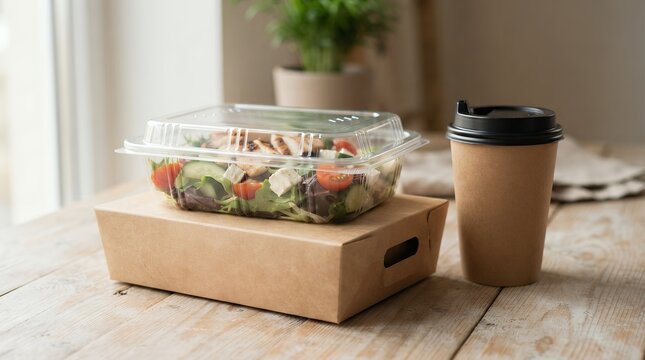 Healthy takeout lunch in plastic salad container, brown kraft paper food box and coffee cup, sustainable meal delivery packaging on wooden table