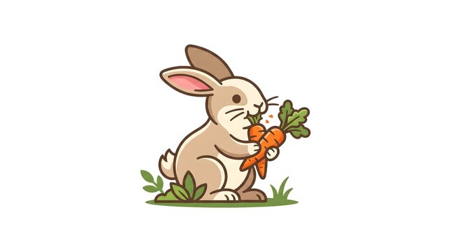 Cute cartoon rabbit sitting on the grass and eating a fresh orange carrot, vector illustration icon isolated on a white background