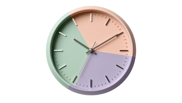 Modern pastel color block wall clock with metal hands, isolated on transparent background