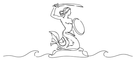 Warsaw mermaid statue with sword and shield above sea waves in continuous line drawing style © InsomniaVideo
