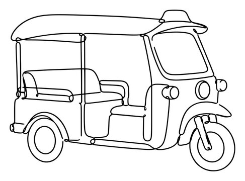 Tuk tuk auto rickshaw vehicle for urban transport in continuous line art style