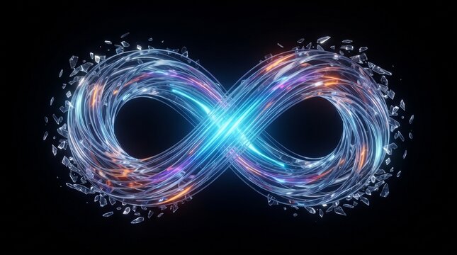 Glowing infinity symbol made of liquid glass and light, futuristic endless loop concept, abstract digital art on black background