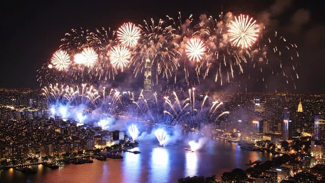 Spectacular fireworks display over New York City at night, with red and gold bursts illuminating the skyline above the East River, Empire State Building, and illuminated skyscrapers.