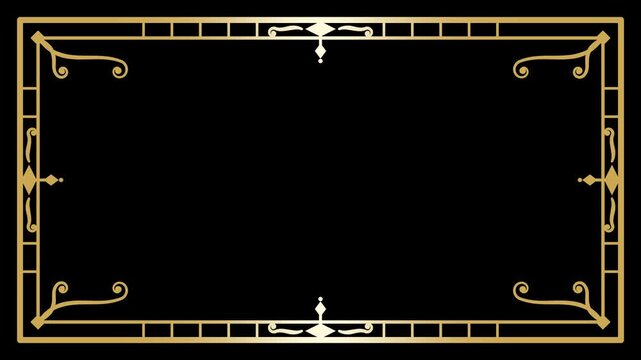 Art deco gold decorative frame with traveling light seamless loop on black background, shine circling the ornament border, 4K motion graphic