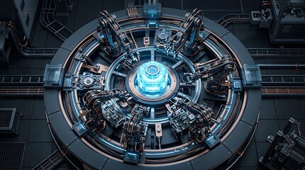 Obraz premium Futuristic industrial circular assembly station with robotic arms and glowing blue energy core in a hightech manufacturing facility