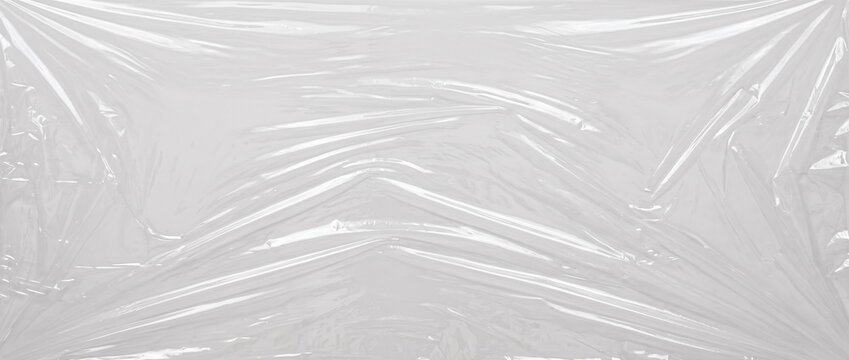 Transparent food wrap plastic film texture. Creased polyvinyl chloride surface with folds and reflections