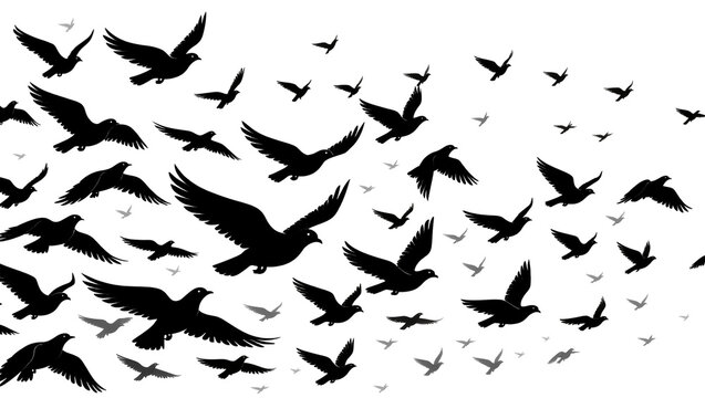 Flock of black silhouette birds flying in formation, isolated on transparent background