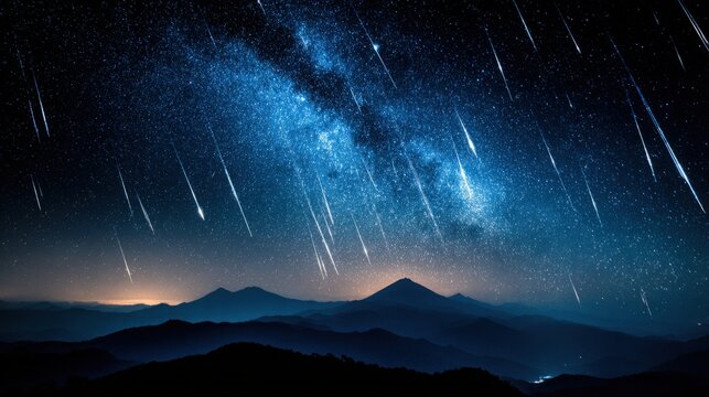 Epic Meteor Shower Over Desert Mountains at Night, Starry Sky