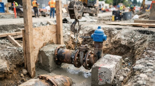 Closeup of new ductile iron water pipes, valve assembly, hydrant cap, trench shoring and crane hook at a water infrastructure construction site.