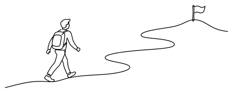Hiker walking on a winding path towards flag on hill in continuous line drawing style