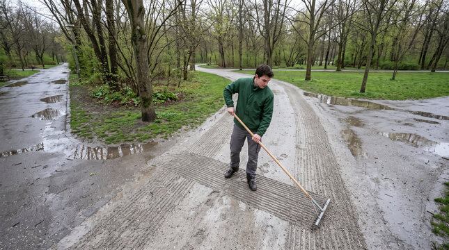 Man raking gravel smooth in park border