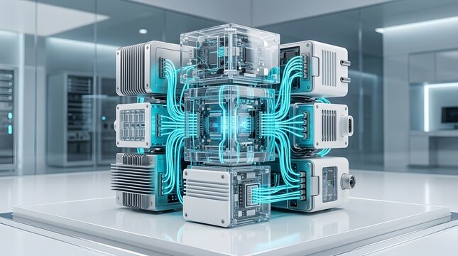Futuristic quantum computing processor with glowing blue fiber optic cables in a laboratory