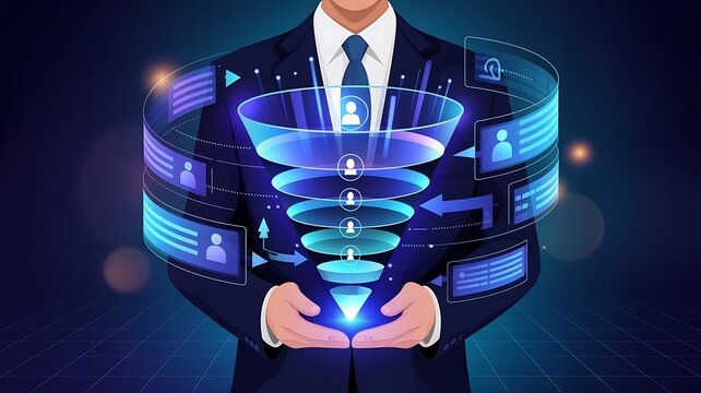 Glowing blue digital sales funnel on tech background with city skyline. Abstract 3d representation of business growth lead generation conversion process. Artificial intelligence data analytics