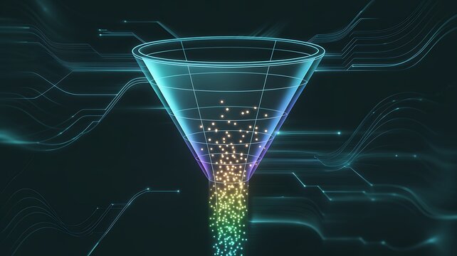 Abstract illustration of data flow shown by colorful funnel visualizations