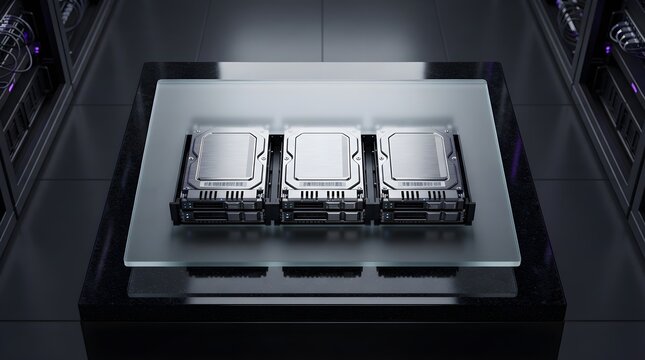 Three hard drives on display in a modern server room, representing data storage, technology, and cloud computing