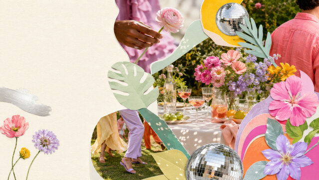 Garden disco party scene with flowers, disco balls, and colorful decor