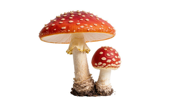Two red and white spotted Amanita muscaria mushrooms with soil, isolated on transparent background