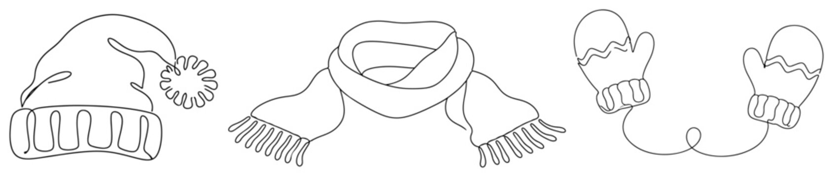 Winter clothing set with warm beanie hat scarf and mittens in continuous line drawing style