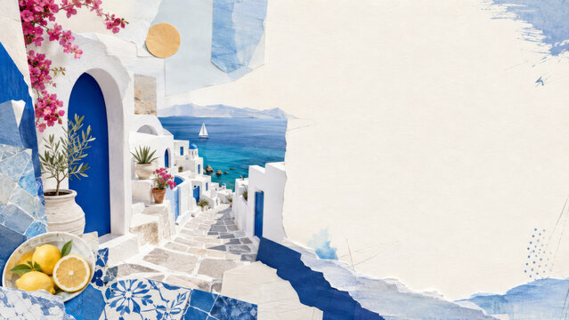 Greek Isle aesthetic with bright blue seas and white architecture, copy space