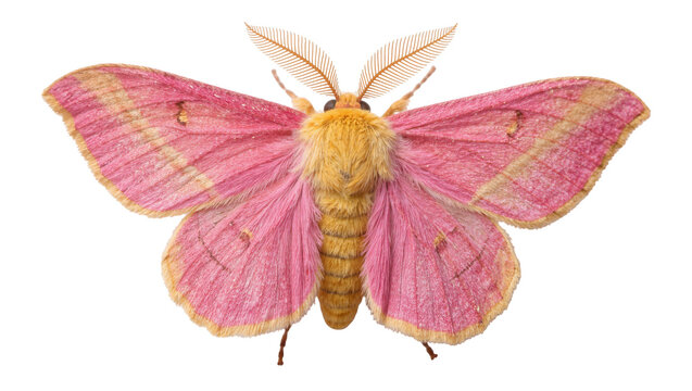 Fluffy pink and yellow moth with feathery antennae, isolated on transparent background