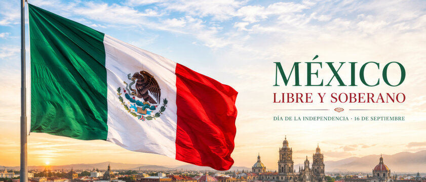 Mexico Independence Day celebration with flag waving over cityscape