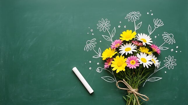 A colorful bouquet of fresh daisies with white chalk drawings on a green chalkboard background with colorful daisy flowers flowers stems tied
